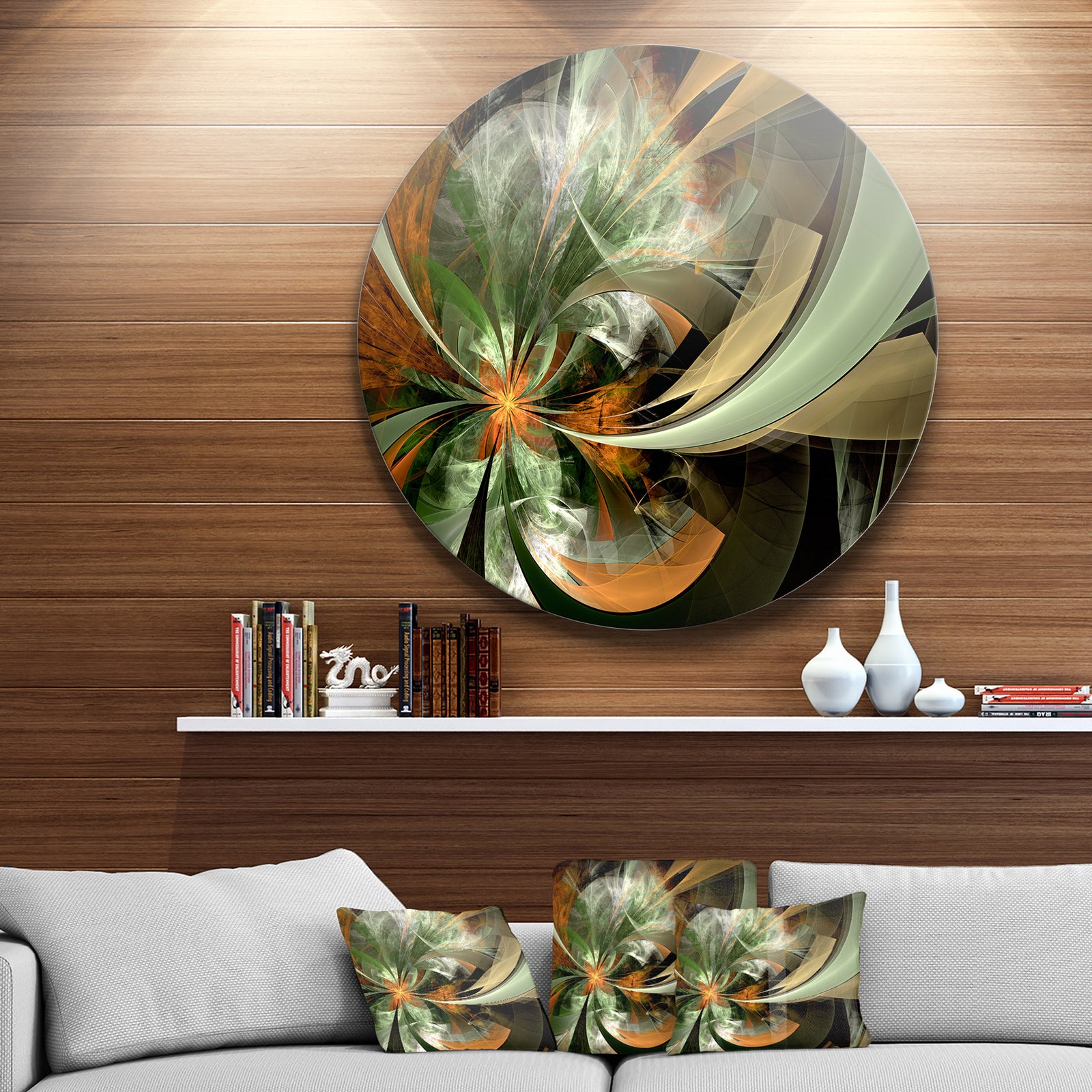 Symmetrical Orange Green Fractal Flower - Modern Floral Circle Wall Art