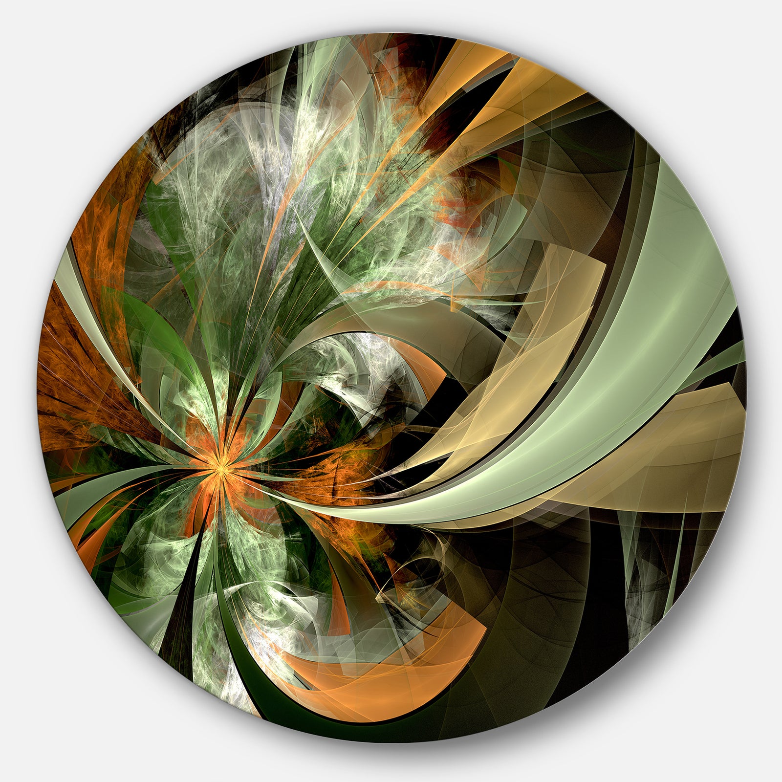 Symmetrical Orange Green Fractal Flower - Modern Floral Circle Wall Art