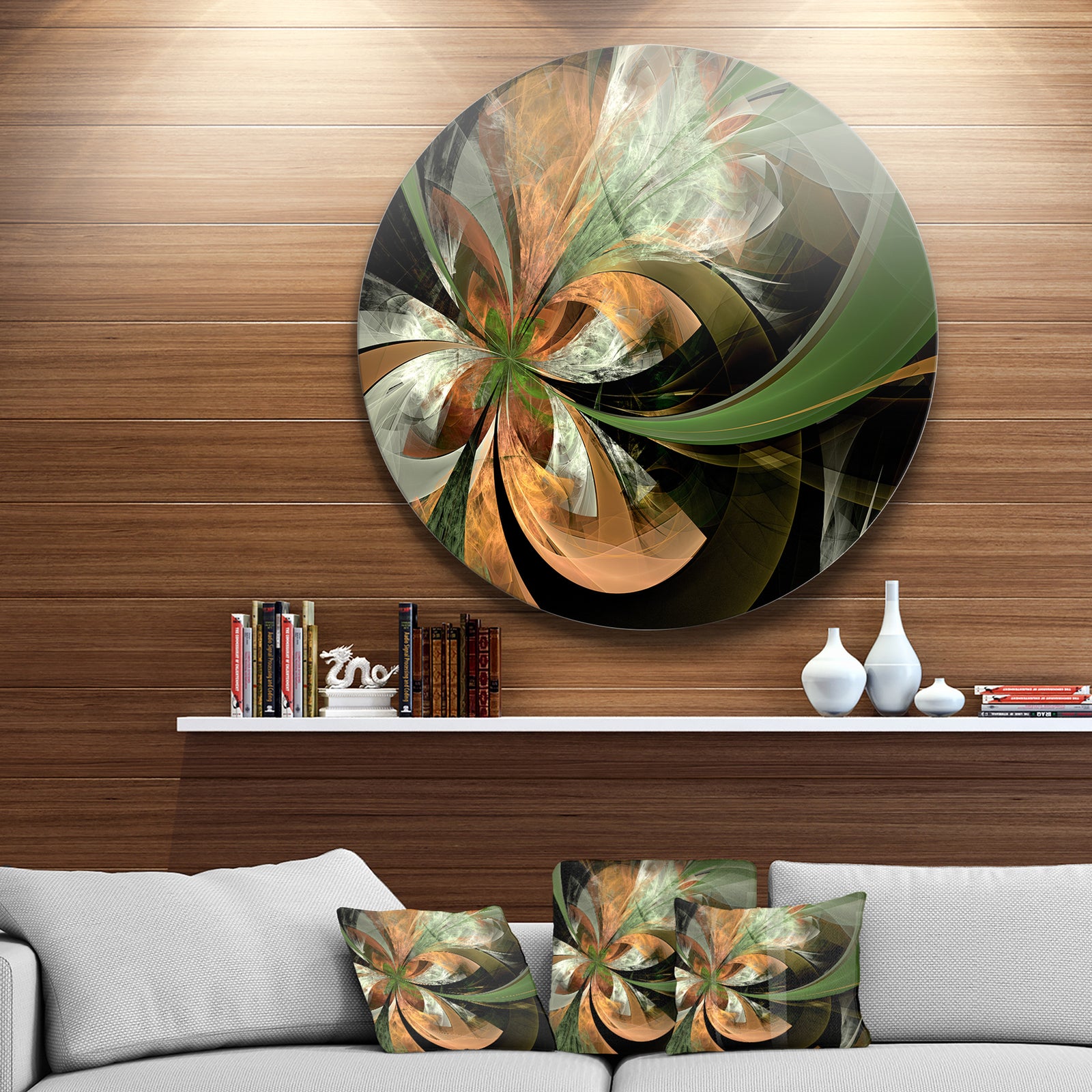 Orange and Green Fractal Flower - Modern Floral Circle Wall Art