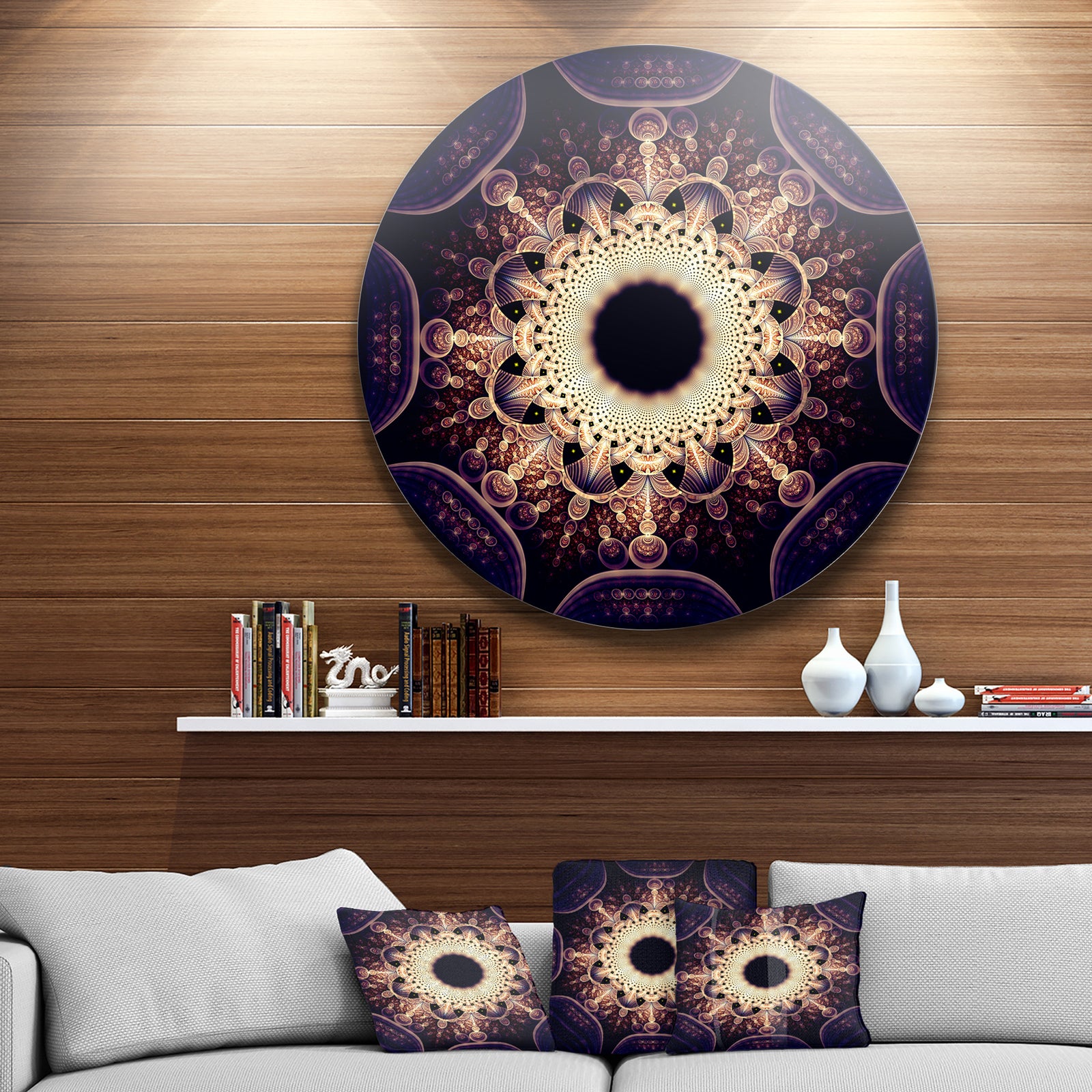 Rounded Symmetrical Yellow Fractal Flower - Modern Floral Large Disc Metal Wall art