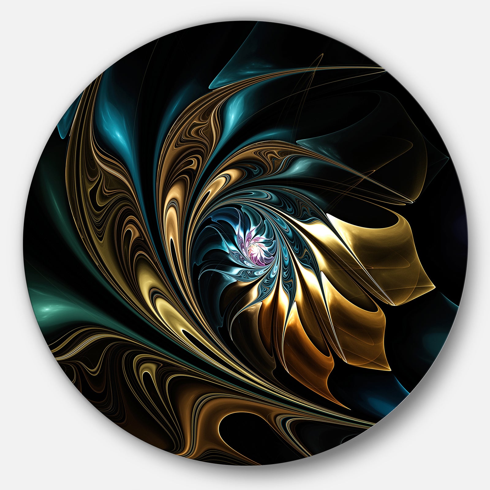 Brown Blue Fractal Flower in Black - Abstract Large Disc Metal Wall art