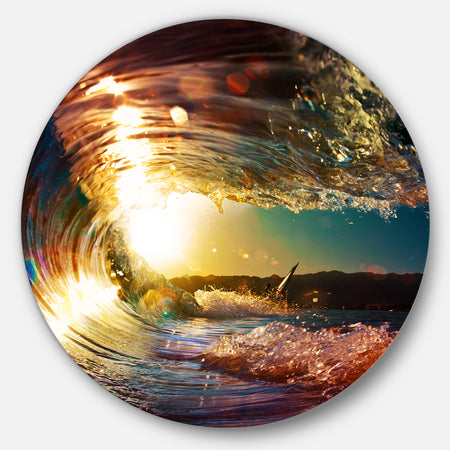 Colored Ocean Waves Falling Down III - Modern Seashore Round Circle Metal Wall Decor Panel