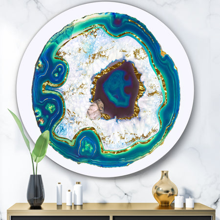 Crystal Blue Golden Agate - Modern Round Circle Metal Wall Decor Panel