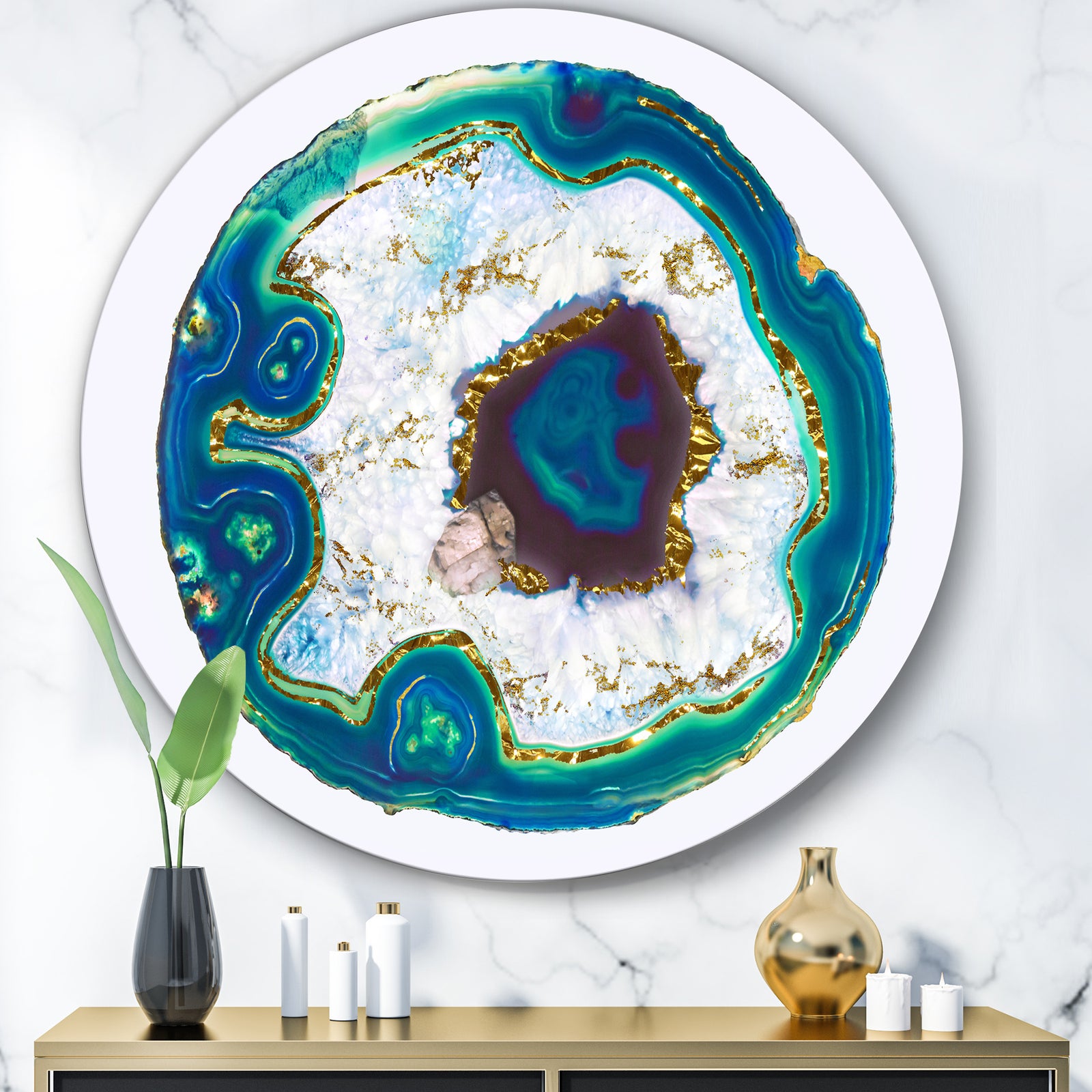 Crystal Blue Golden Agate - Modern Round Circle Metal Wall Decor Panel