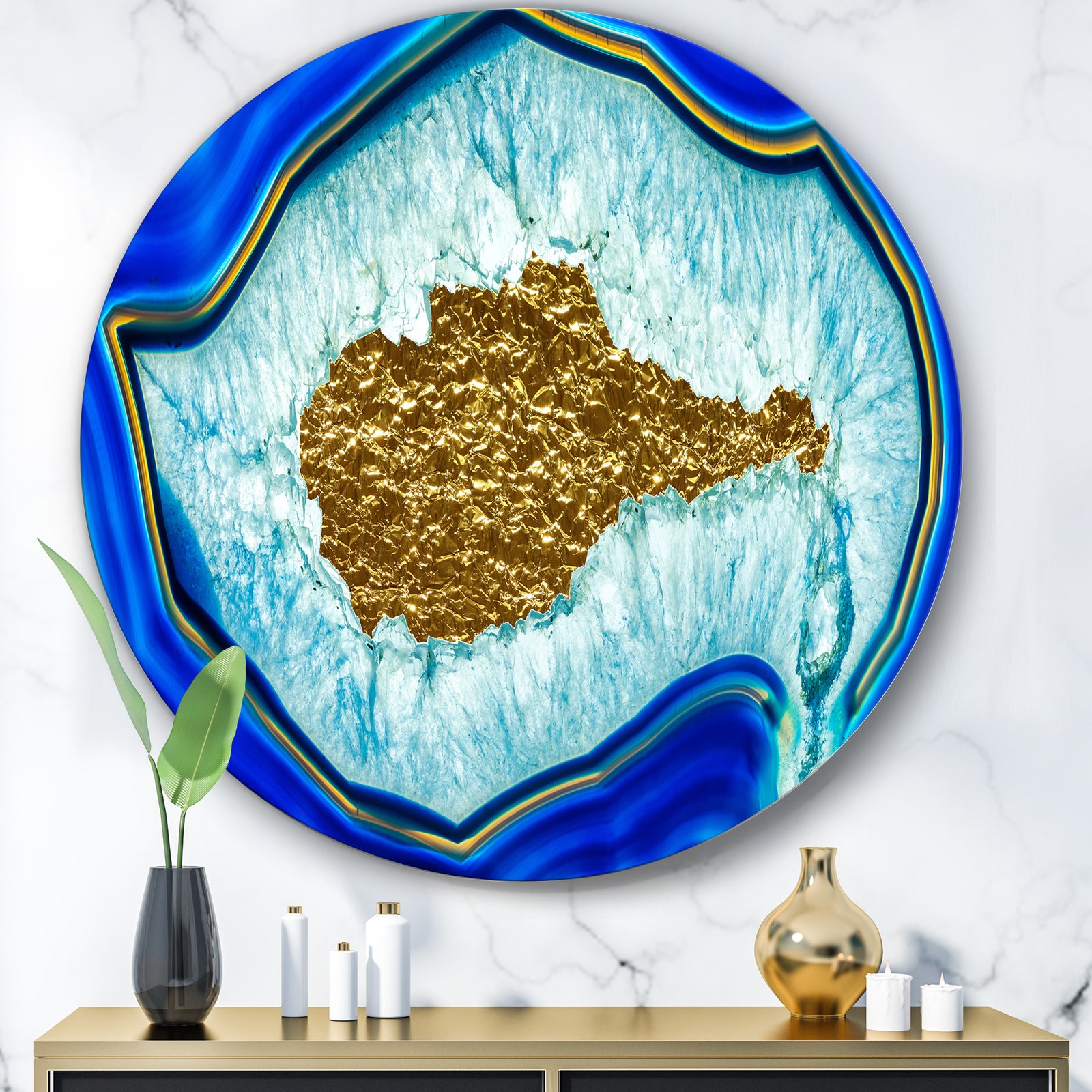 Golden Heart Blue Agate Stone - Glam Round Circle Metal Wall Decor Panel