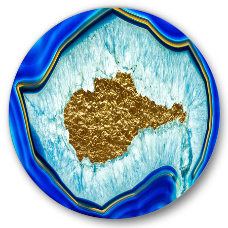 Golden Heart Blue Agate Stone - Glam Round Circle Metal Wall Decor Panel
