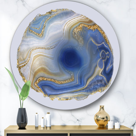 Ocean Blue Golden Jasper Agate I - Glam Round Circle Metal Wall Decor Panel