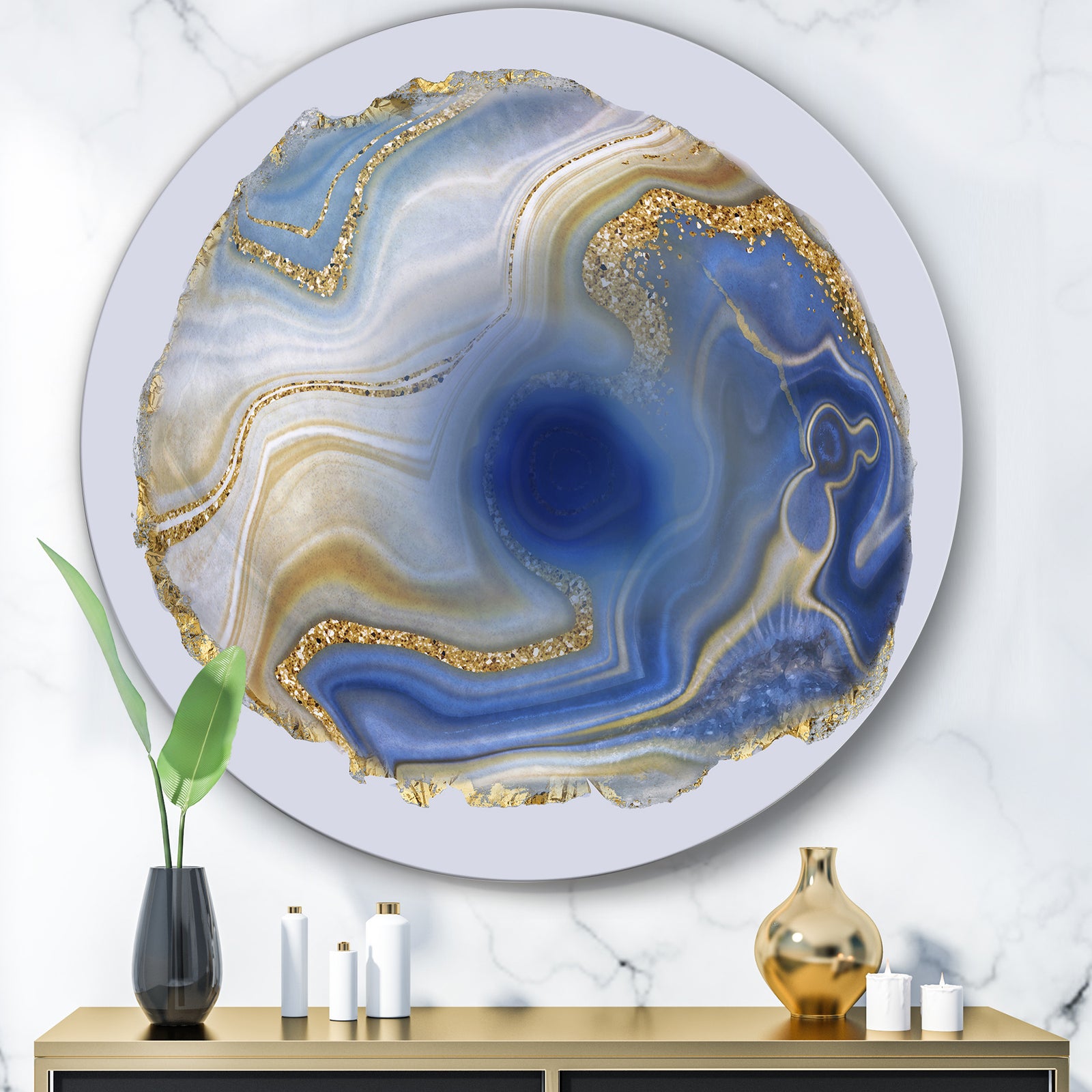 Ocean Blue Golden Jasper Agate I - Glam Round Circle Metal Wall Decor Panel