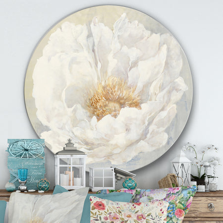 White Serene Peony - Farmhouse Metal Circle Wall Art
