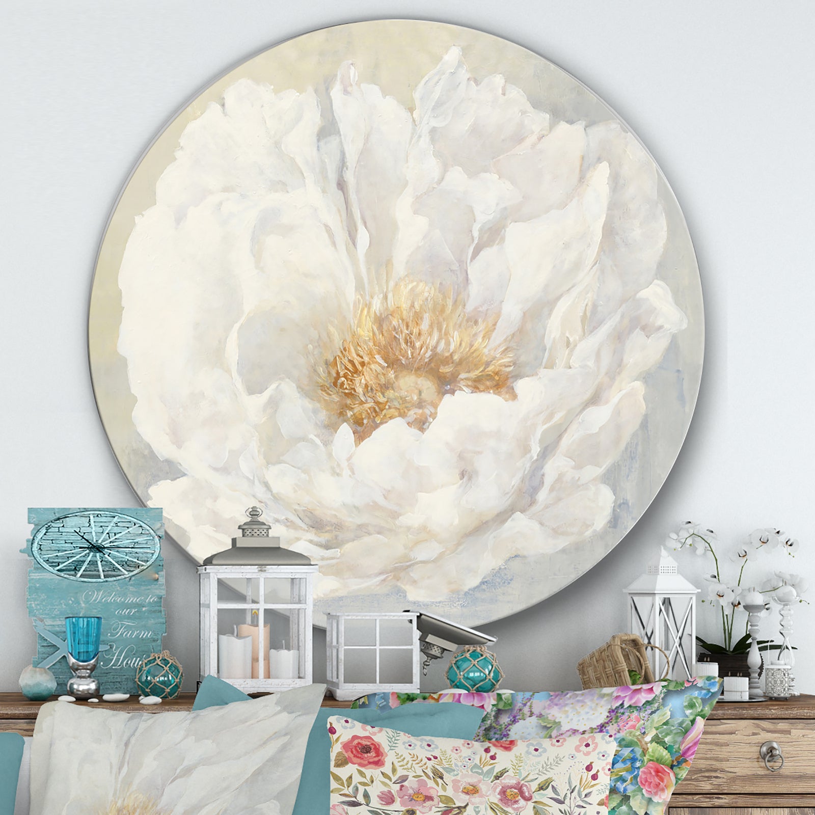 White Serene Peony - Farmhouse Metal Circle Wall Art