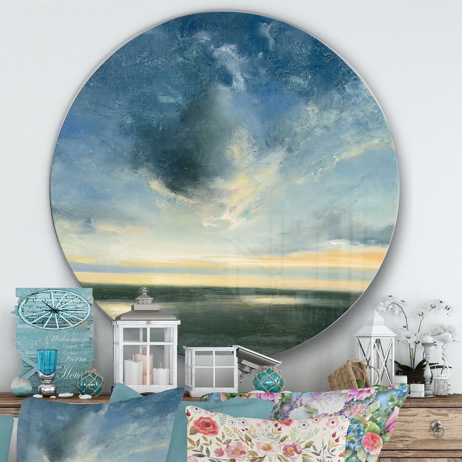 Blue Coastal Sunrise - Farmhouse Metal Circle Wall Art