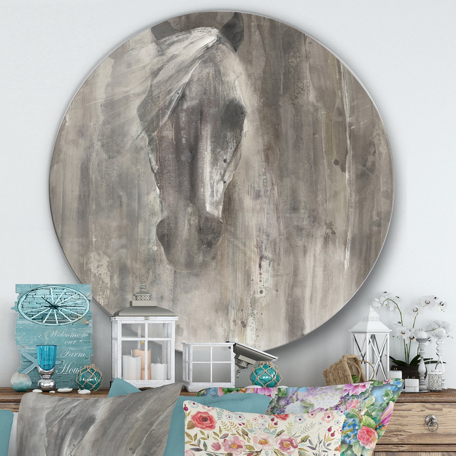 Farmhouse Horse - Farmhouse Metal Circle Wall Art