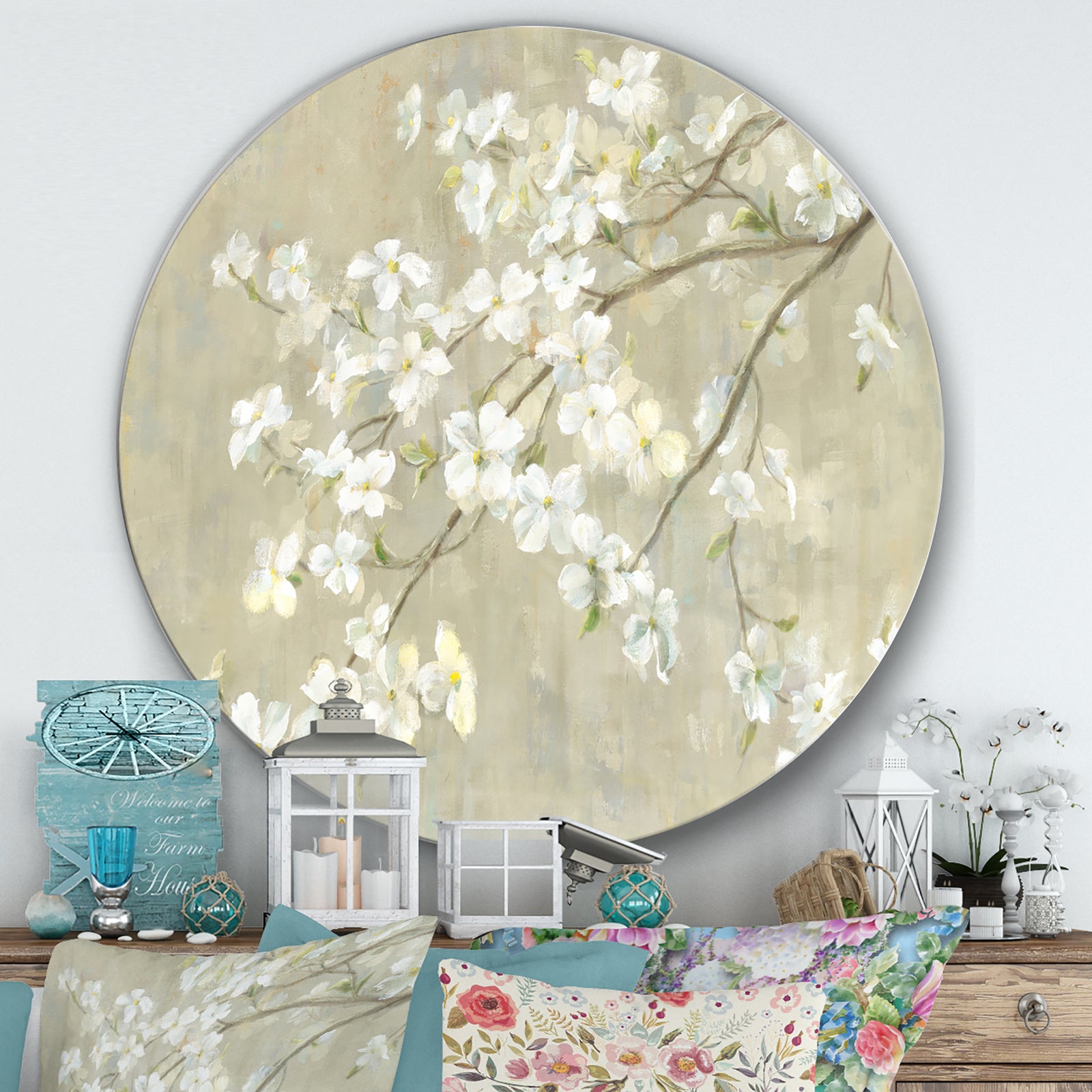 Dogwood in Spring Neutral - Farmhouse Metal Circle Wall Art