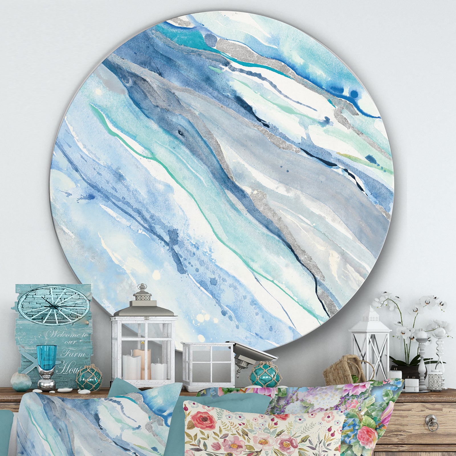 Blue Silver Spring II - Farmhouse Metal Circle Wall Art