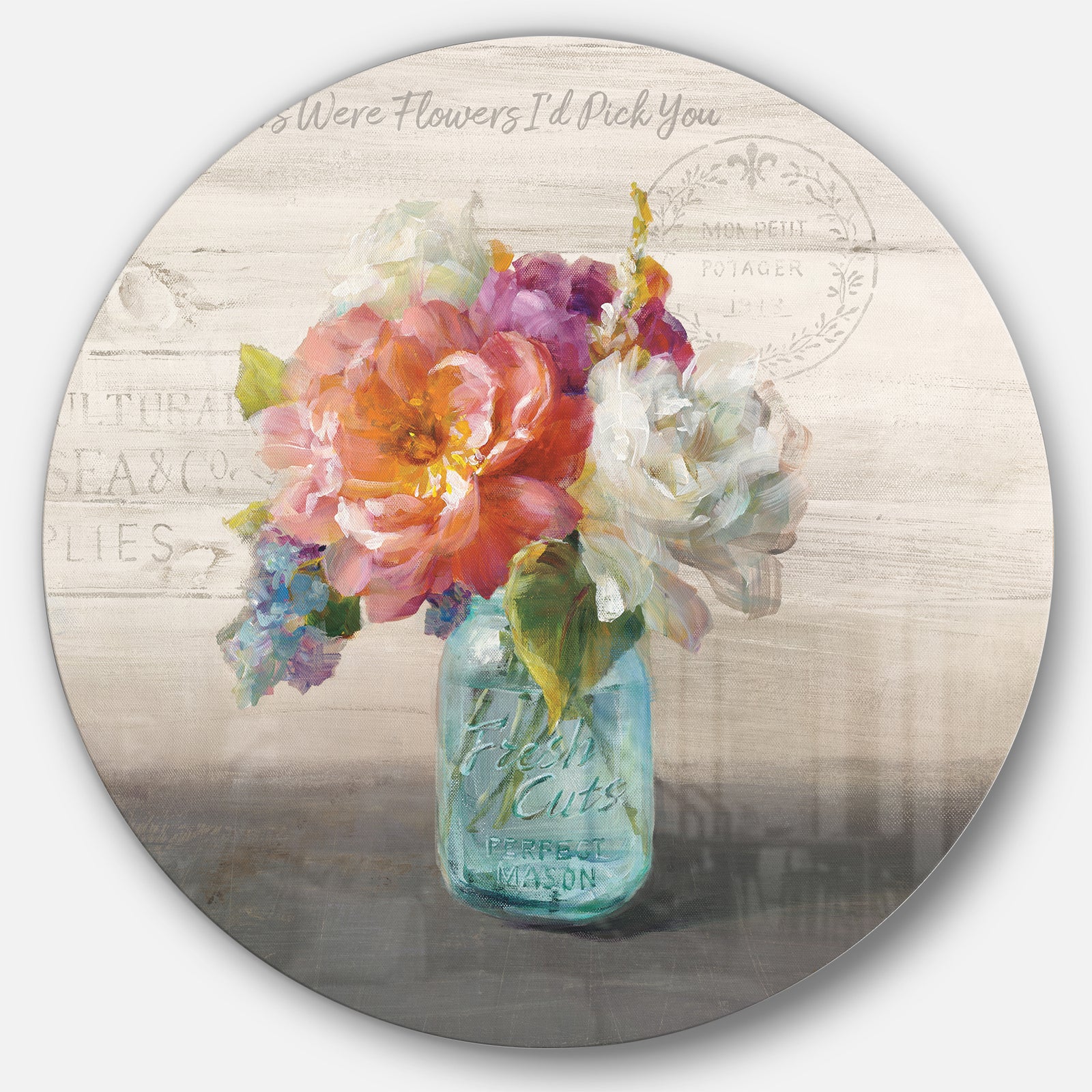 French Cottage Bouquet I Mothers - Farmhouse Metal Circle Wall Art