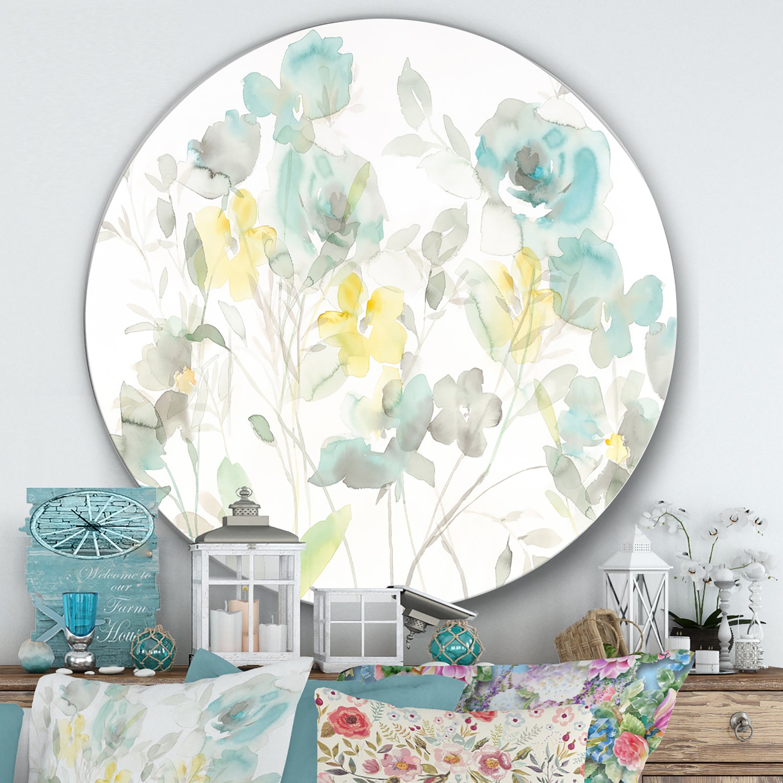 Aqua Rose Natural Element - Farmhouse Metal Circle Wall Art