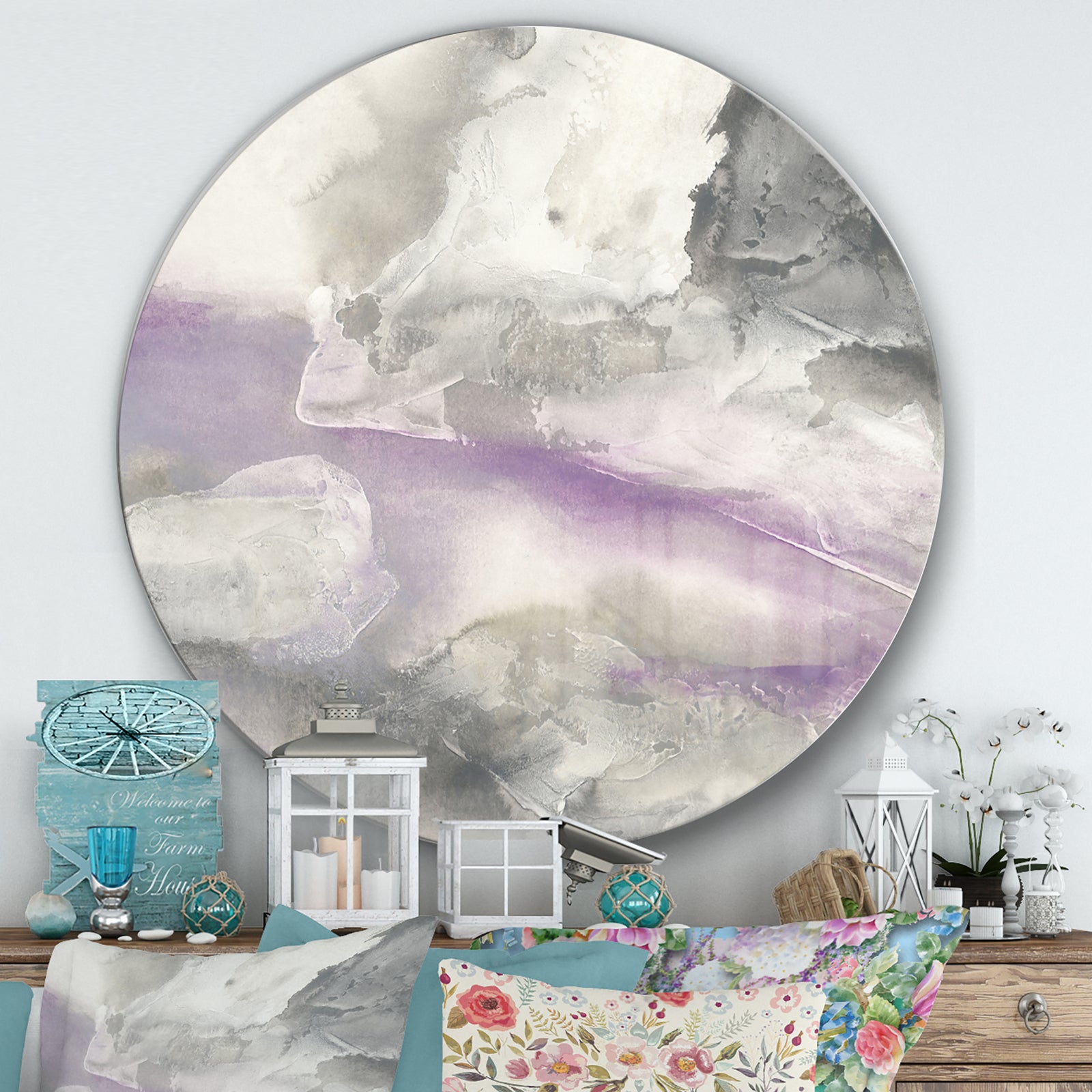 Watercolor Minimal Purple Tones I - Farmhouse Metal Circle Wall Art