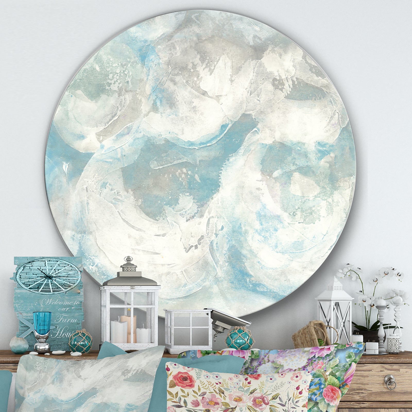 Pale Blue Shade IV - Farmhouse Metal Circle Wall Art