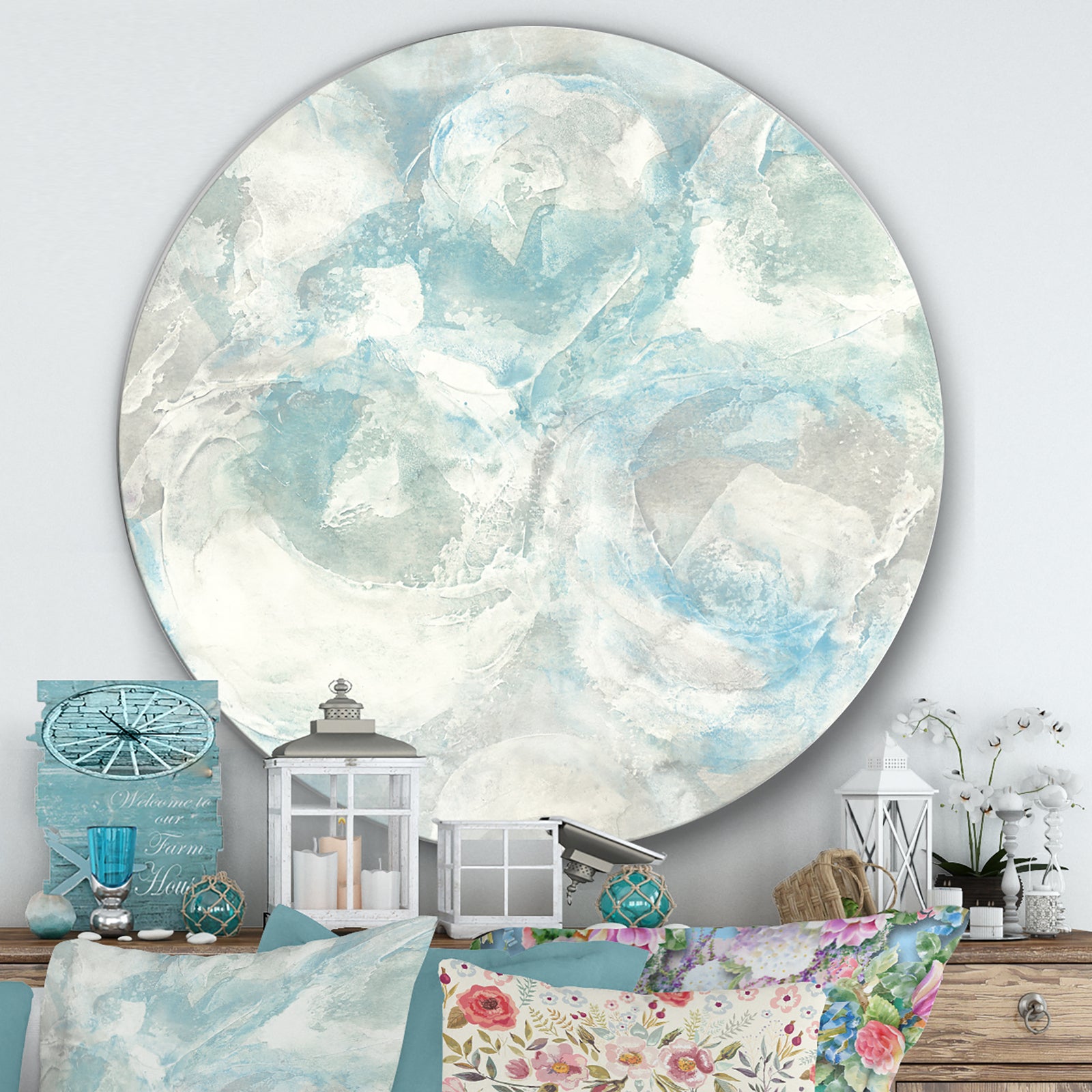 Pale Blue Shade III - Farmhouse Metal Circle Wall Art