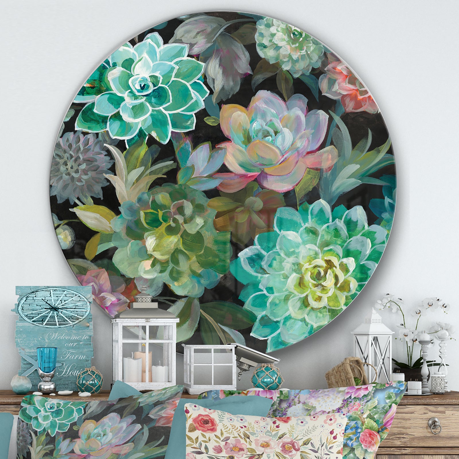 Floral Succulents - Farmhouse Metal Circle Wall Art