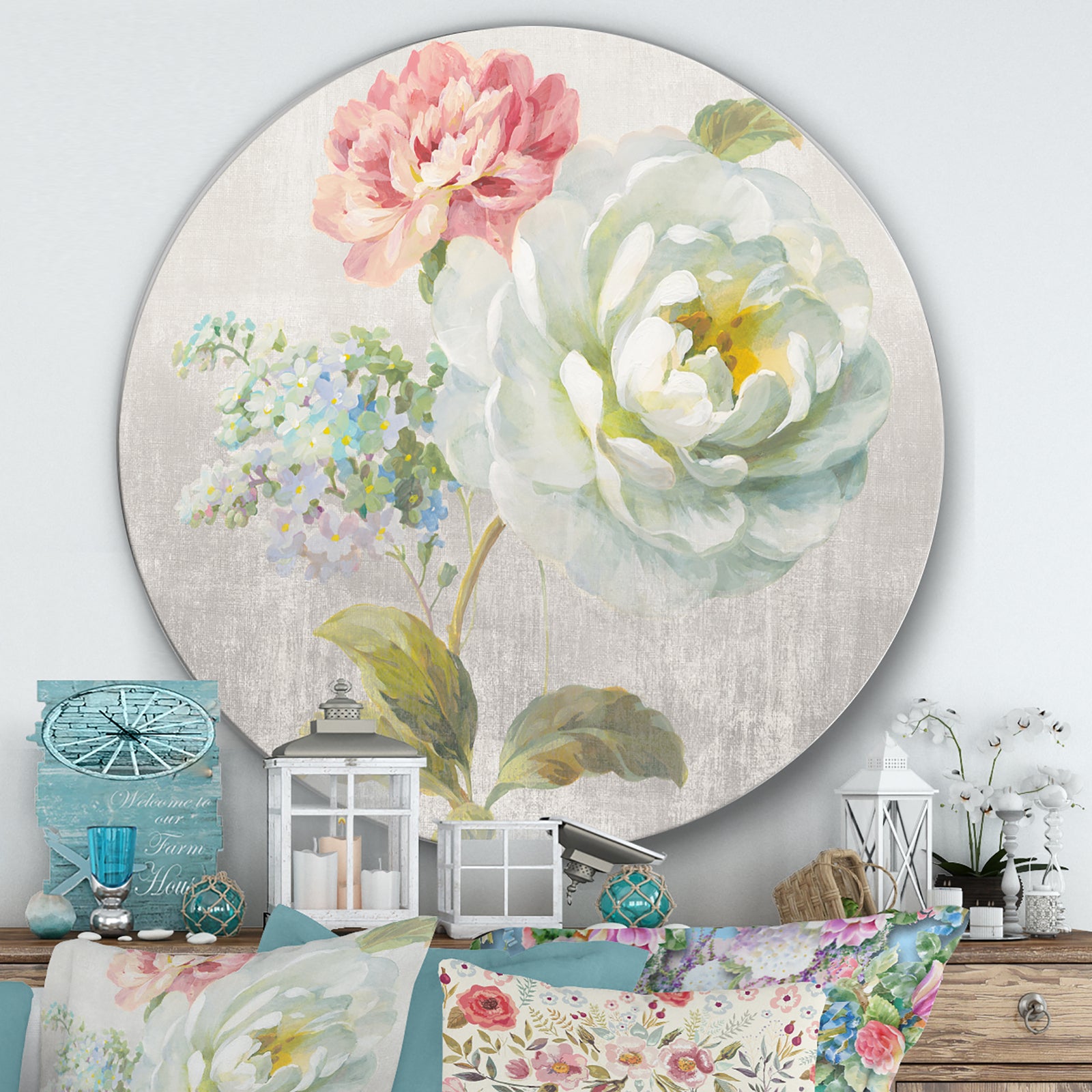 Country Flower Bouquet - Farmhouse Metal Circle Wall Art