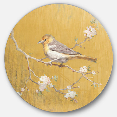 Gold Bird on Blossoms I - Farmhouse Metal Circle Wall Art