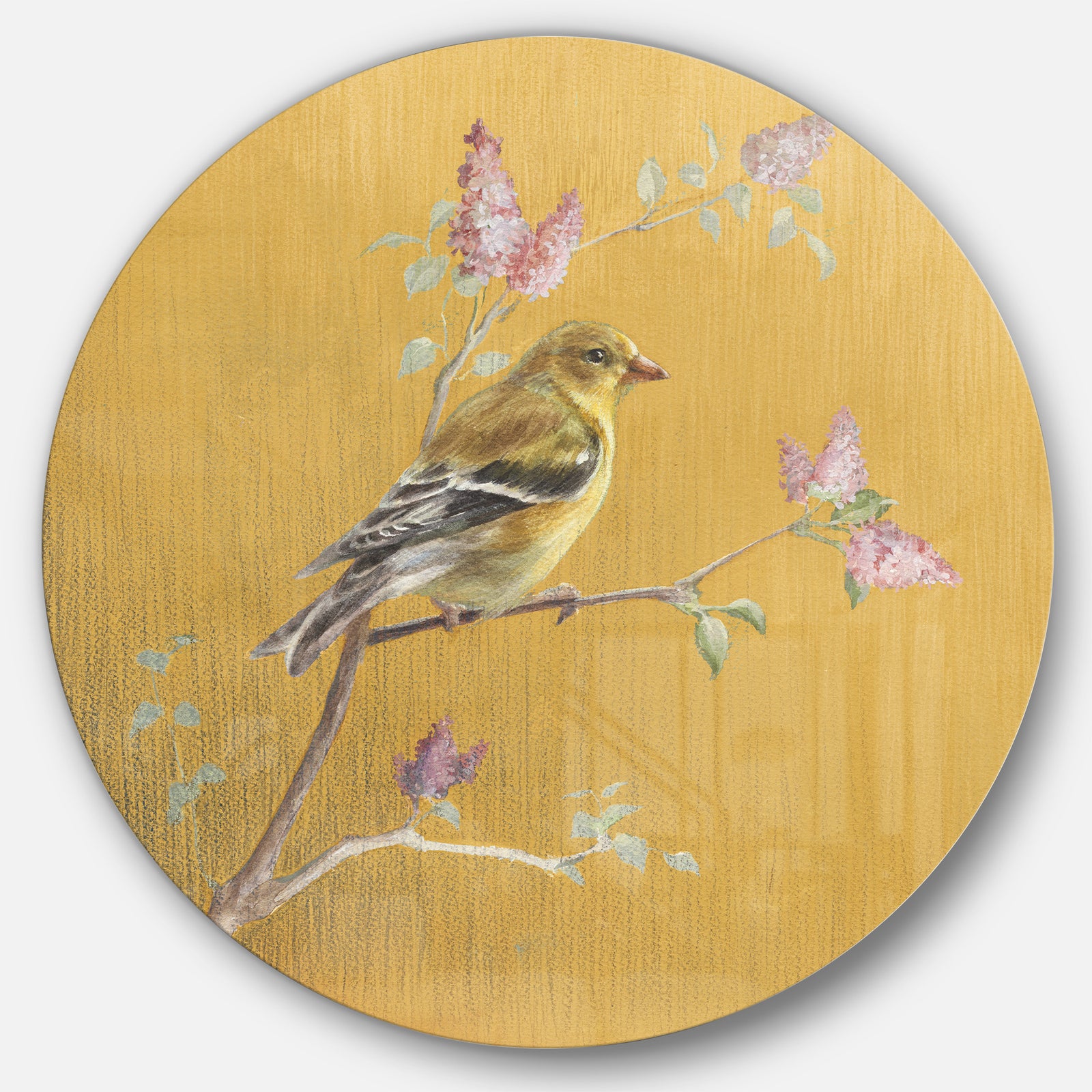 Gold Bird on Blossoms III - Farmhouse Metal Circle Wall Art