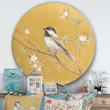 Gold Bird on Blossoms IV - Farmhouse Metal Circle Wall Art