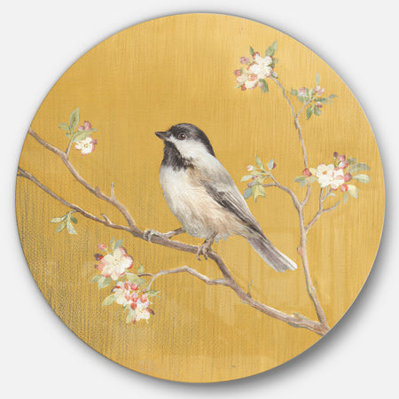 Gold Bird on Blossoms IV - Farmhouse Metal Circle Wall Art