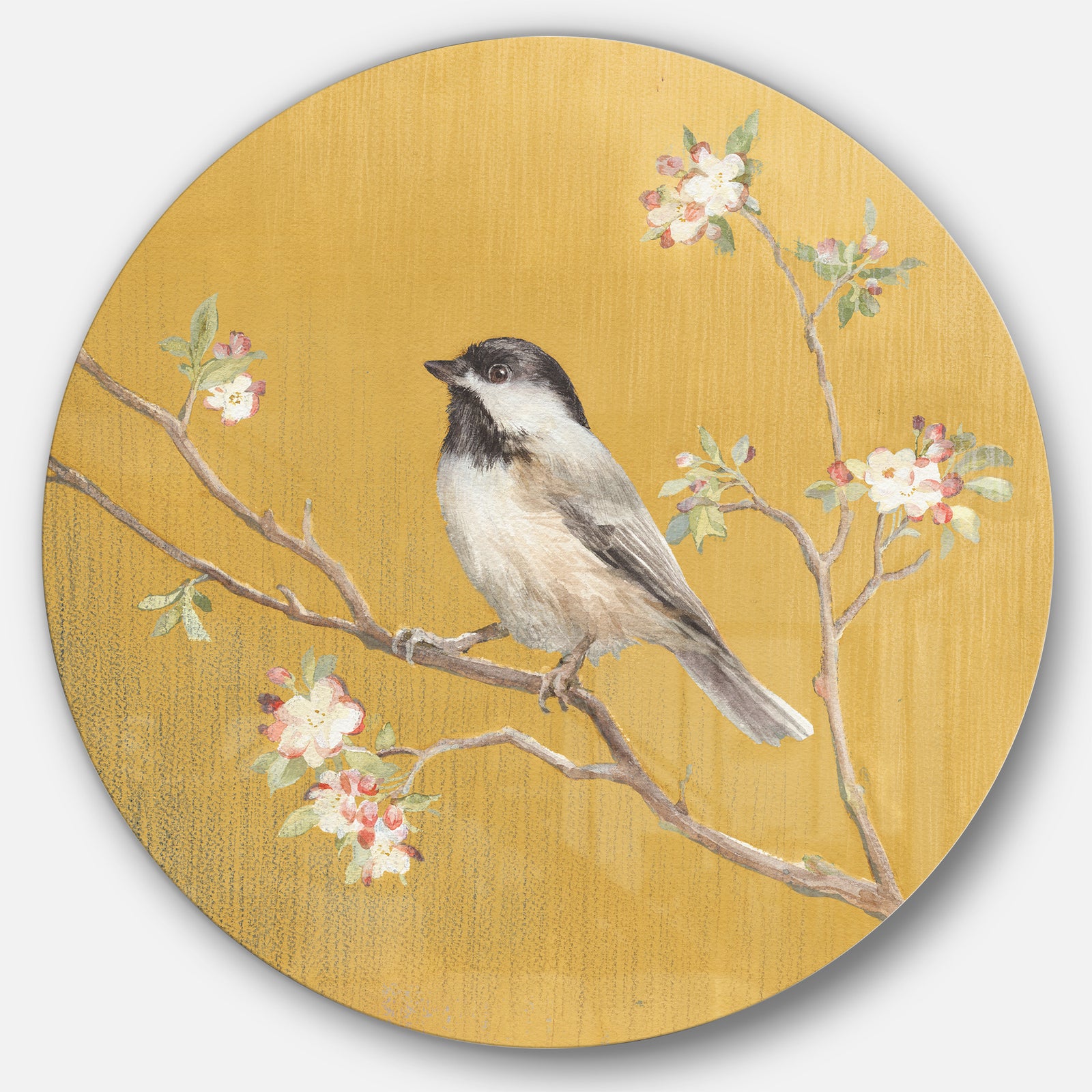Gold Bird on Blossoms IV - Farmhouse Metal Circle Wall Art