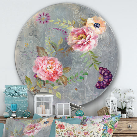Peonies and Paisley - Farmhouse Metal Circle Wall Art