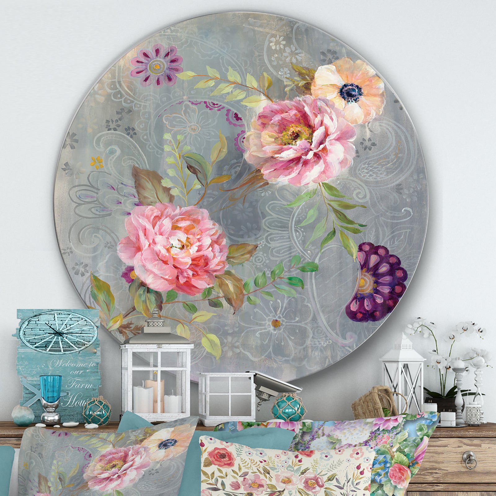 Peonies and Paisley - Farmhouse Metal Circle Wall Art