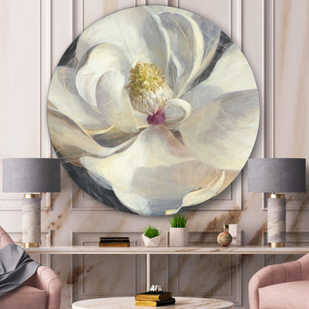 Vivid White Magnolia IV - Shabby Chic Metal Circle Wall Art