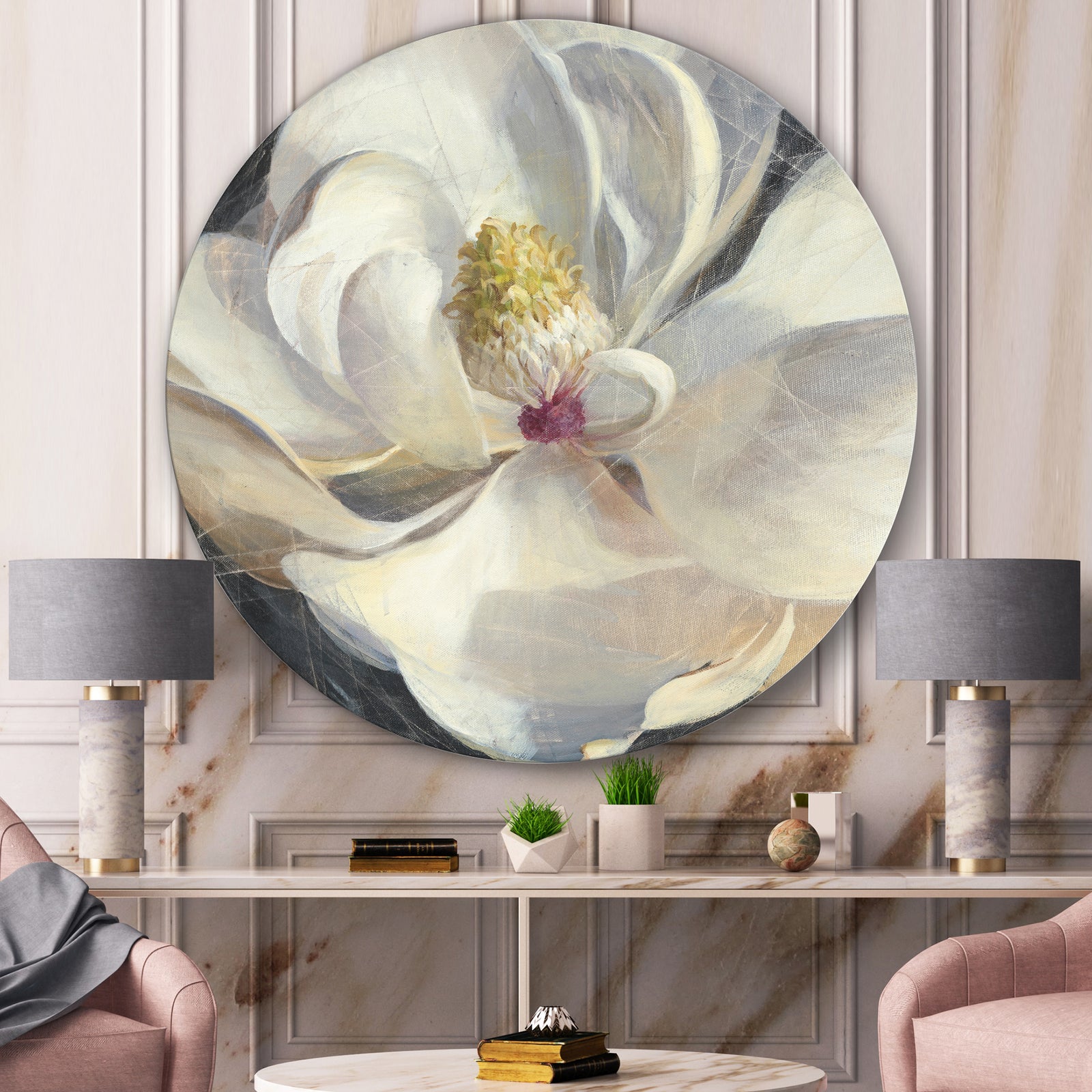 Vivid White Magnolia IV - Shabby Chic Metal Circle Wall Art