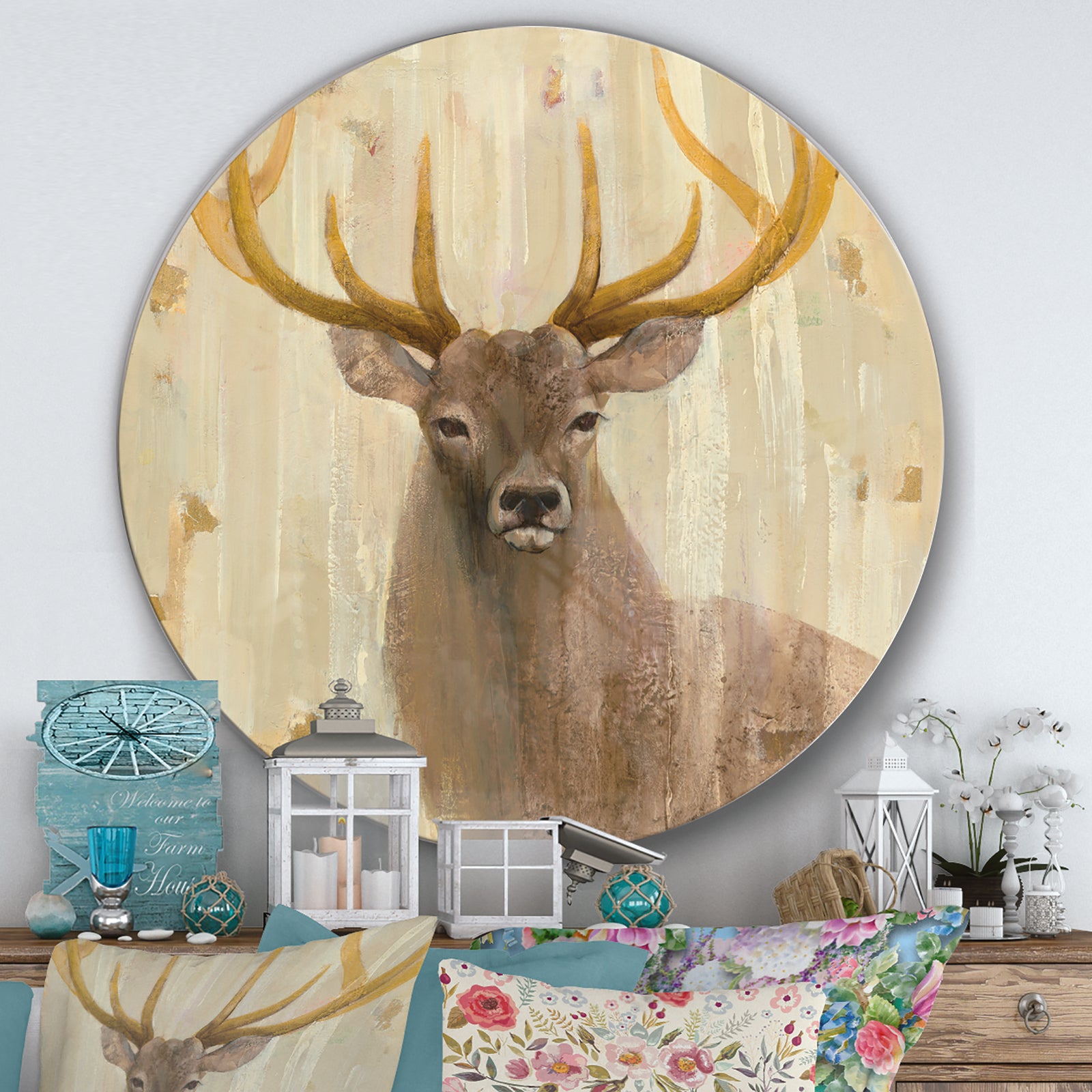 Goldern Deer III - Farmhouse Metal Circle Wall Art