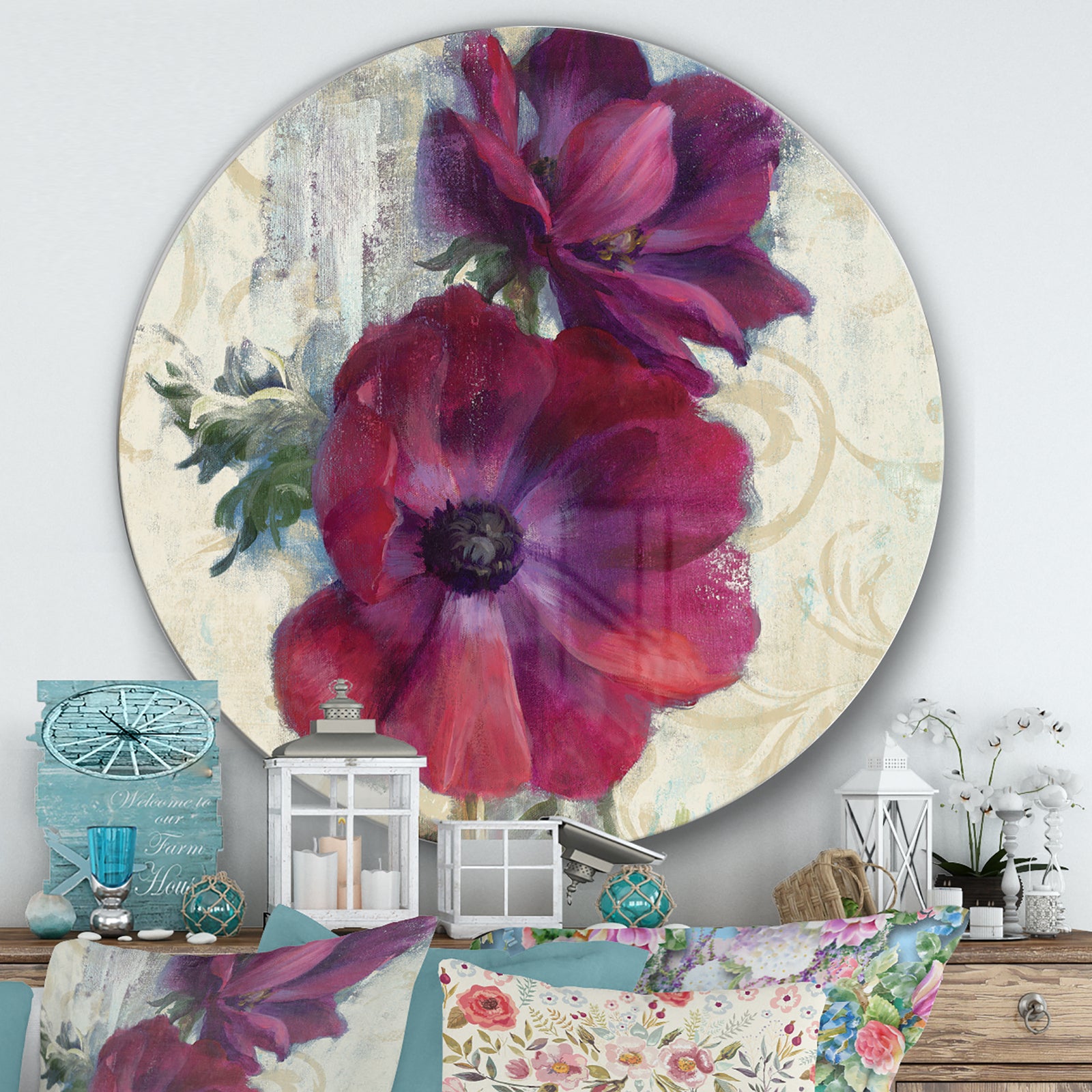 Red Anemone Flower - Farmhouse Metal Circle Wall Art