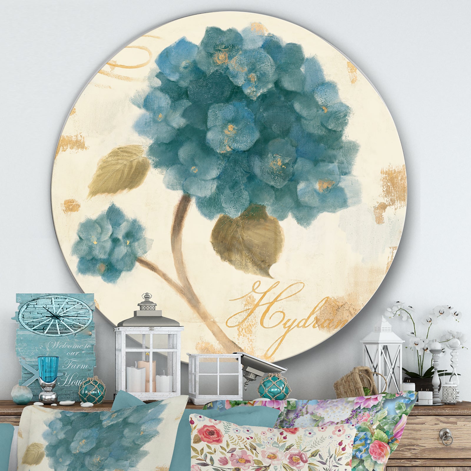 Blue Cottage Flower Hydrangea II - Farmhouse Metal Circle Wall Art