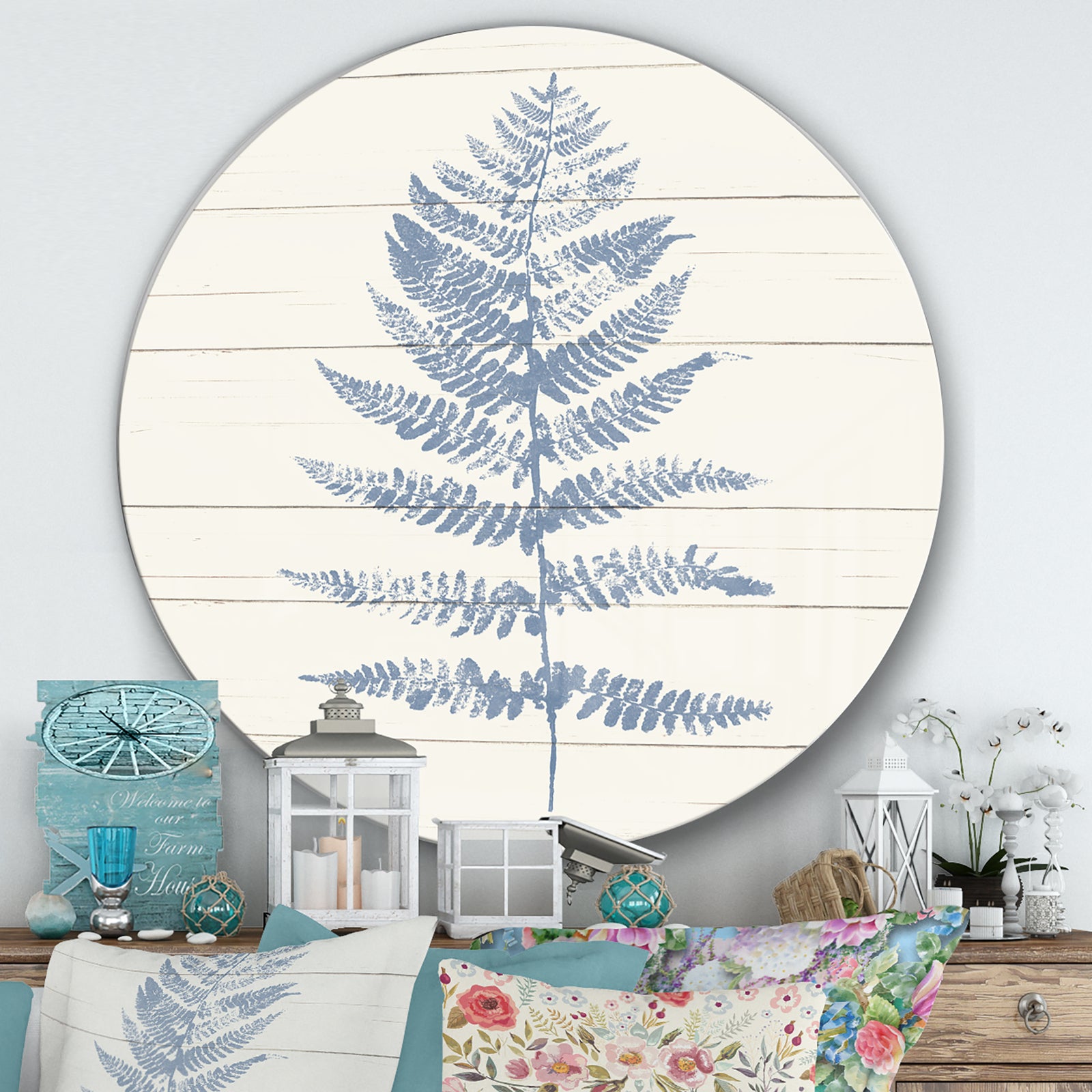 Blue Fern Print on wood II - Farmhouse Metal Circle Wall Art
