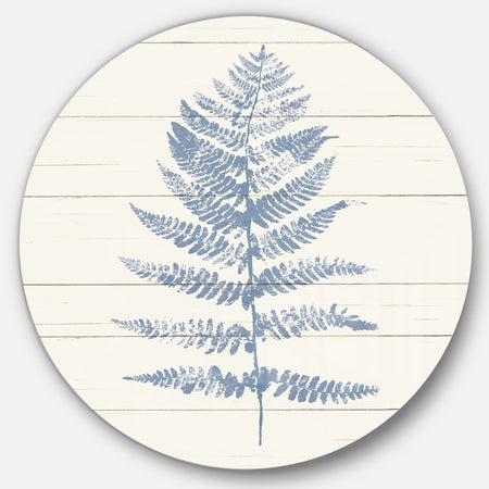 Blue Fern Print on wood II - Farmhouse Metal Circle Wall Art
