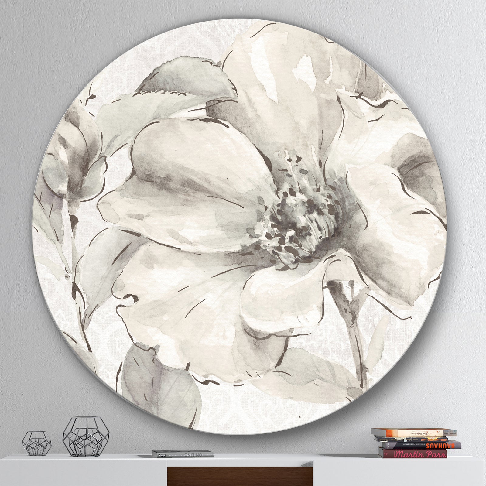 Indigold Grey Peonies IV - Geometric Metal Circle Wall Art