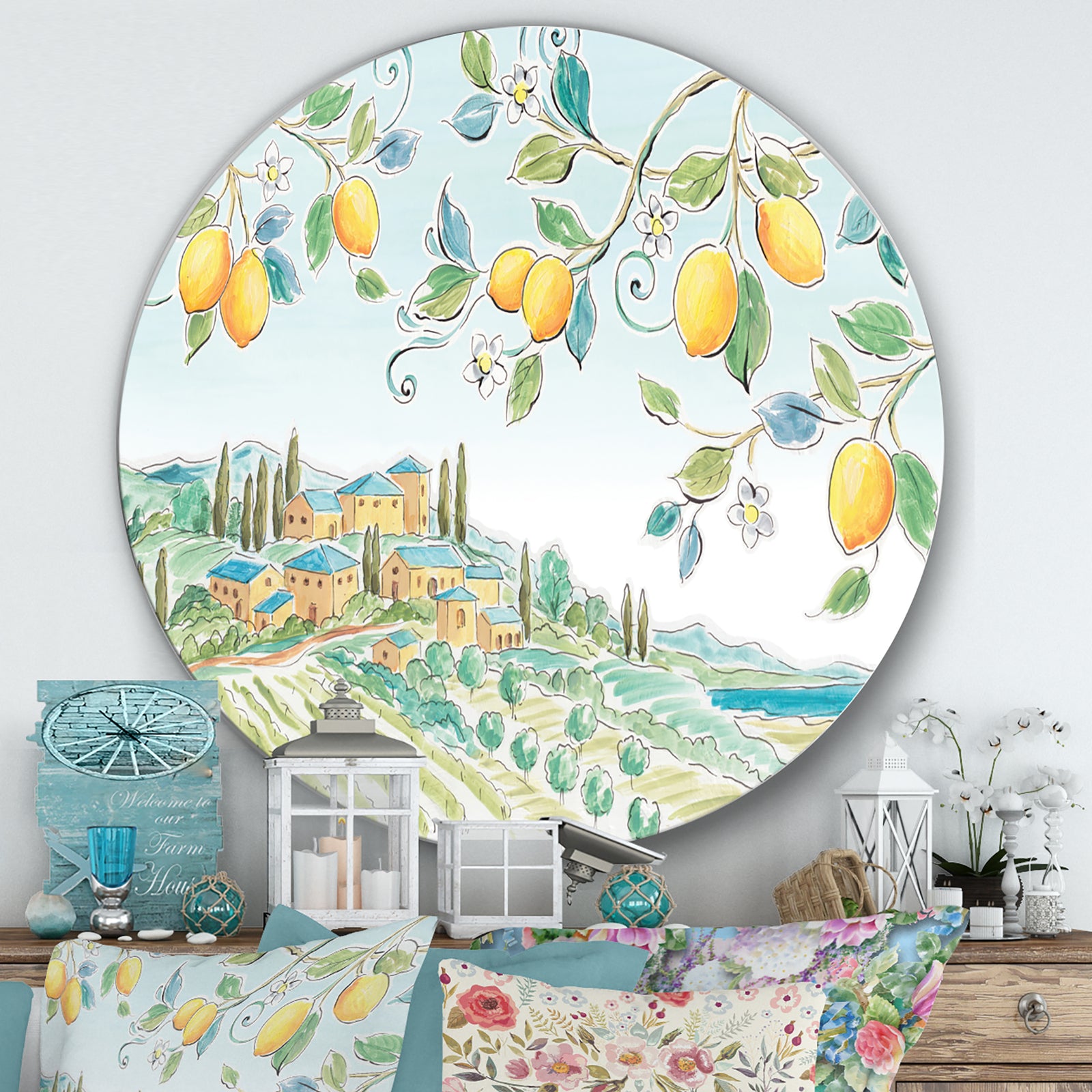 Mediterranean Village Field I - Farmhouse Metal Circle Wall Art