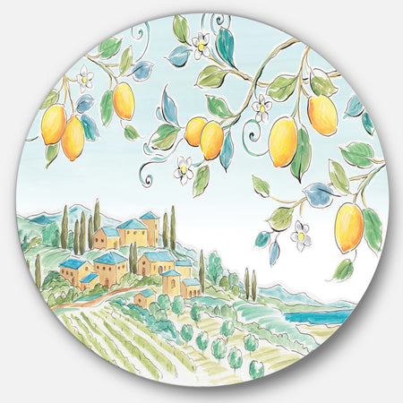 Mediterranean Village Field I - Farmhouse Metal Circle Wall Art