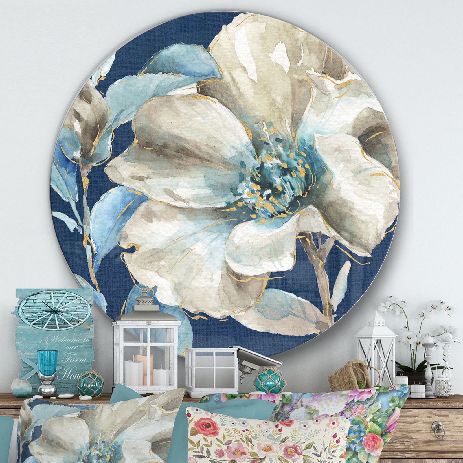 Indigold Watercolor Flower I - Farmhouse Metal Circle Wall Art