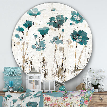 Fields of Turquoise Watercolor Flower I - Farmhouse Metal Circle Wall Art