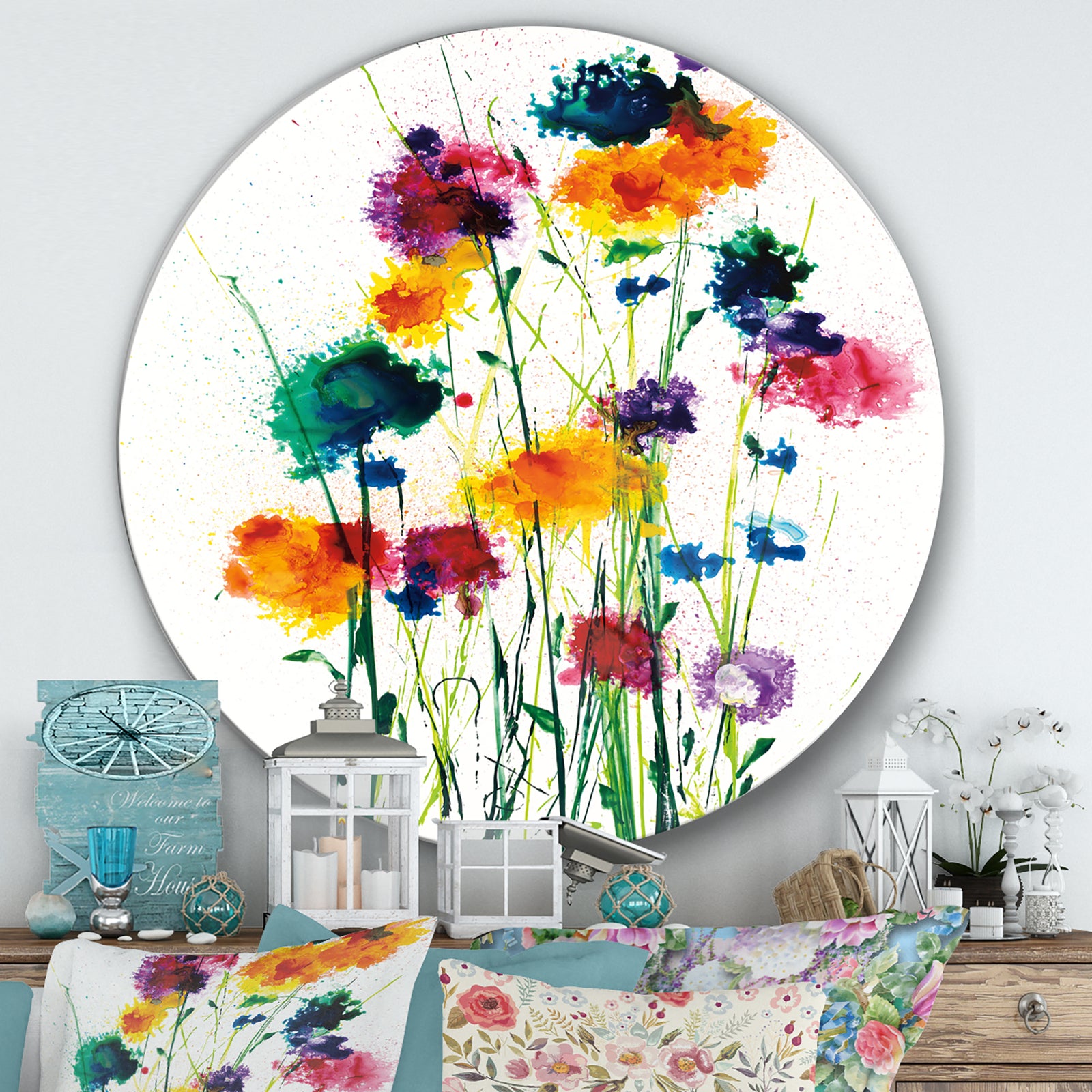 Porch & Den Indigo, Green And Yellow Watercolor - Farmhouse Metal Circle Wall Art