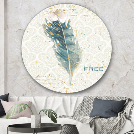 Damask Painted Gilded Feather on Blue - Traditional Metal Circle Wall Art