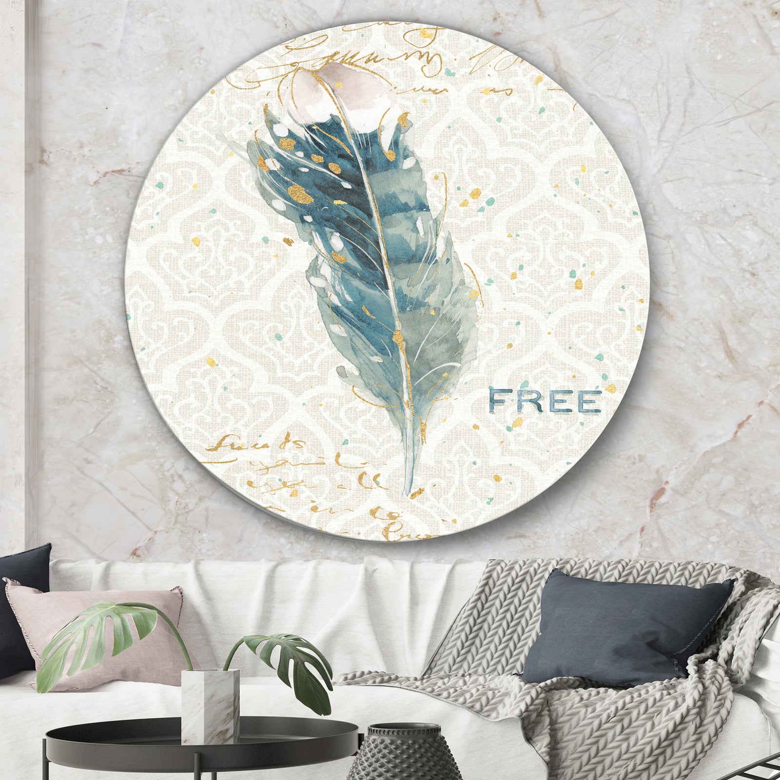 Damask Painted Gilded Feather on Blue - Traditional Metal Circle Wall Art