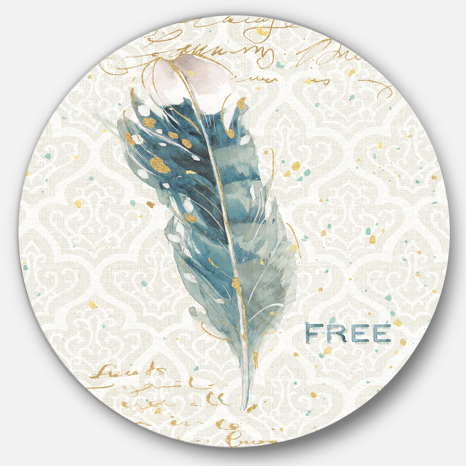 Damask Painted Gilded Feather on Blue - Traditional Metal Circle Wall Art