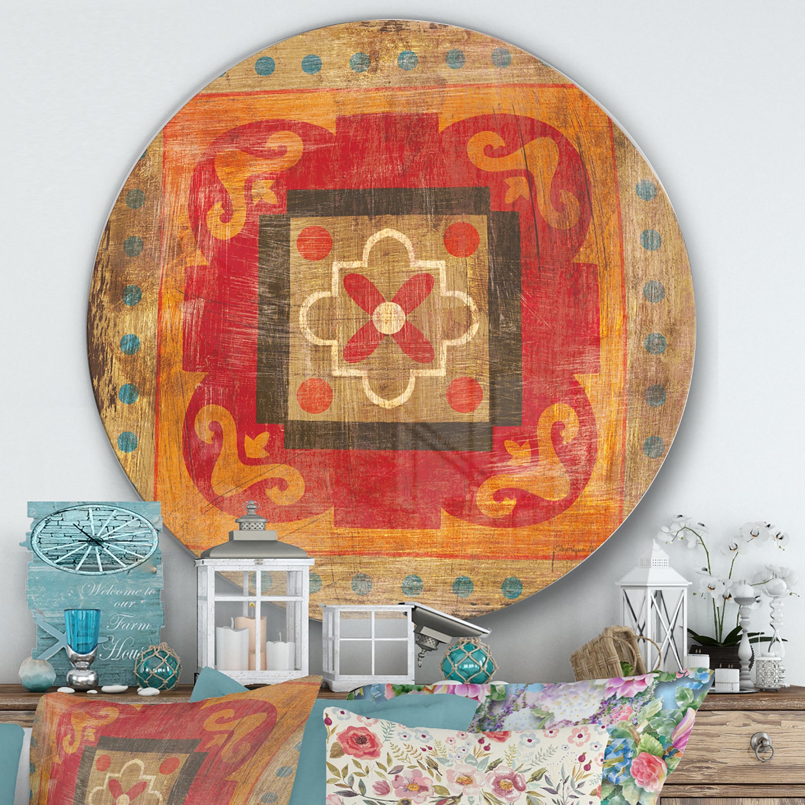 Moroccan Orange Tiles Collage II - Farmhouse Metal Circle Wall Art