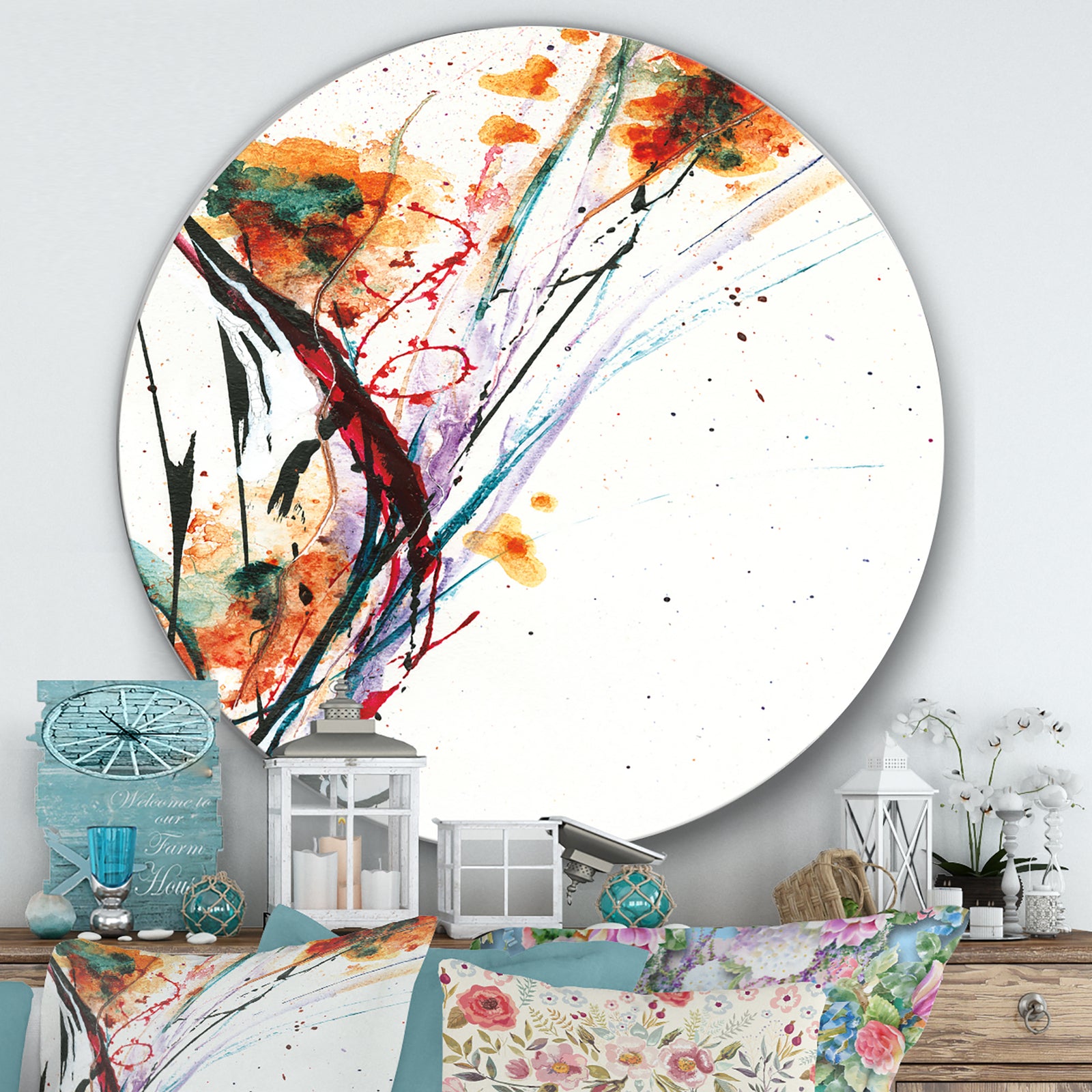 Abstract Orange Flowers  - Farmhouse Metal Circle Wall Art